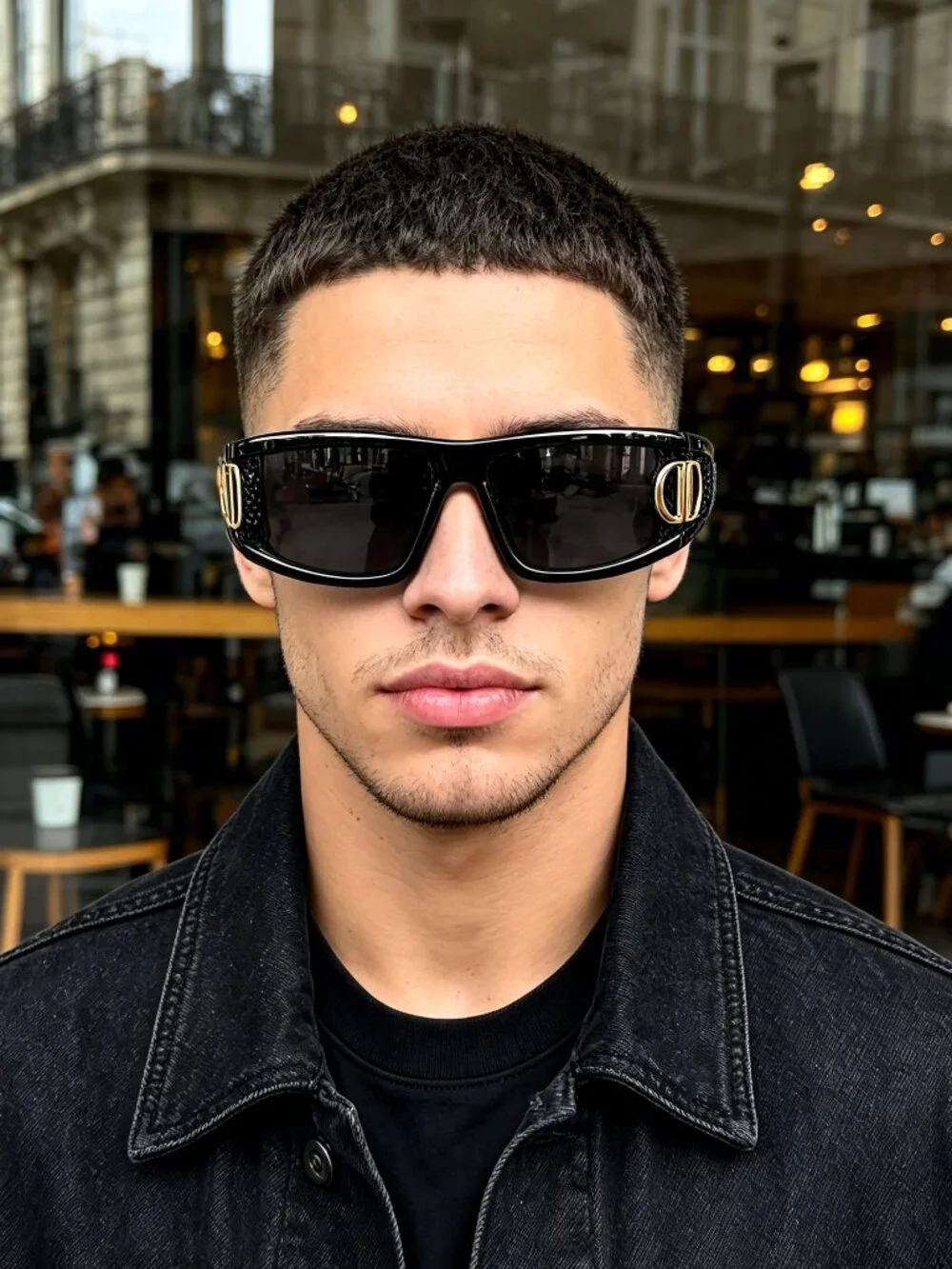 Y2K Wrap Around Headband Sunglasses Unisex Black PC Shades Gold CD Logo Buckle